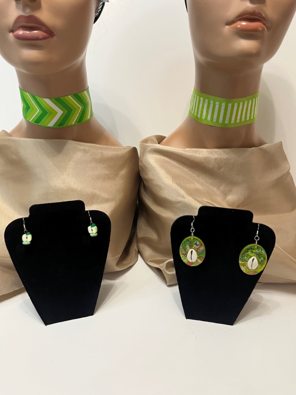 4 pc Gift Set Chokers & Green Cowrie Shell Drop Earrings - Women Jewelry